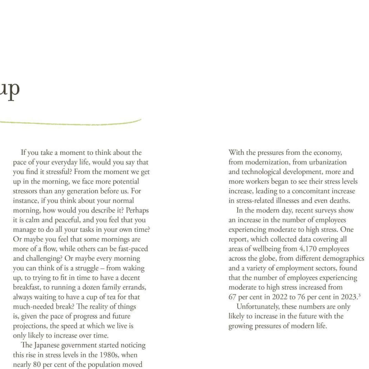 Book page with text on stress and life pace, featuring a green plant illustration.