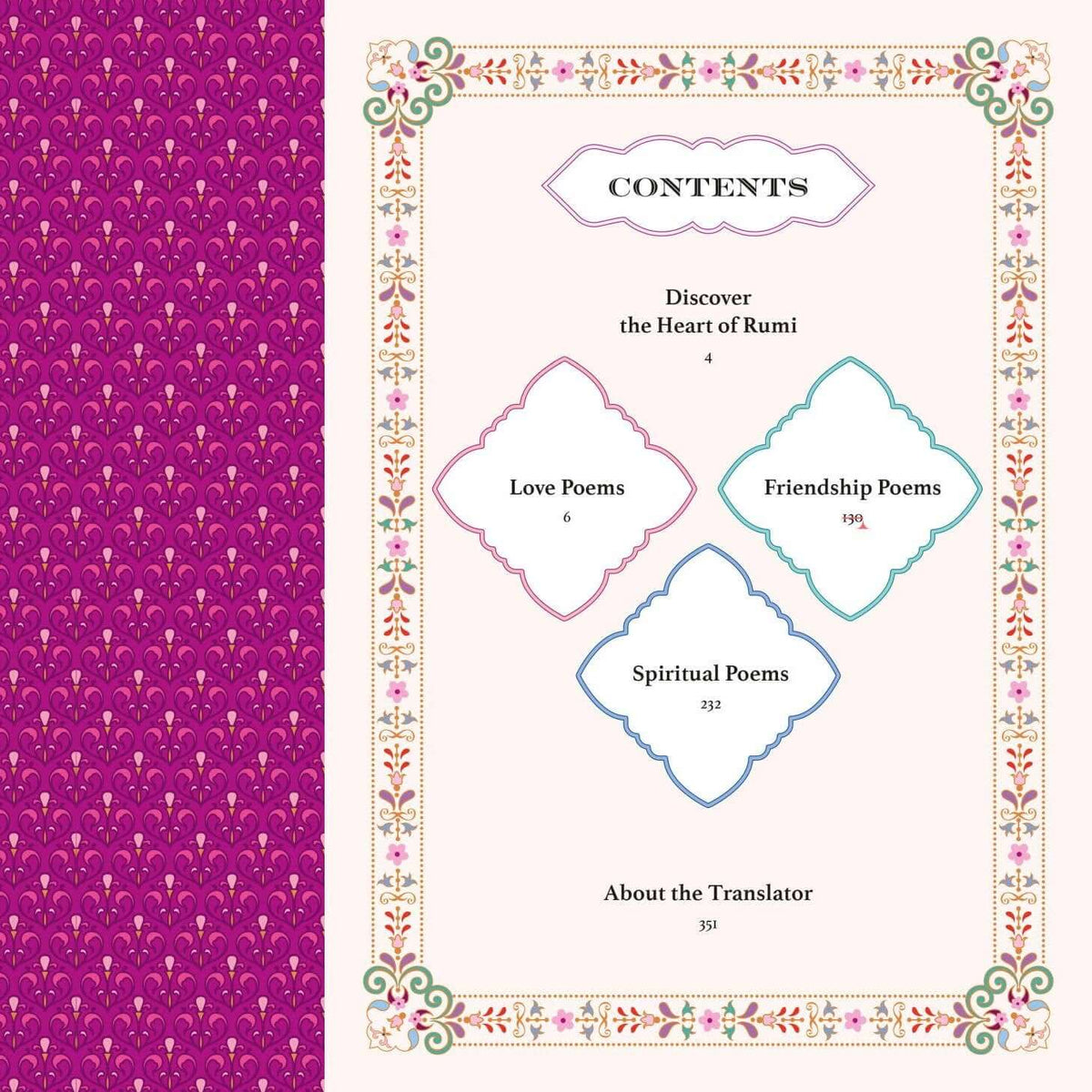 Book cover with a pink patterned left side and a decorative table of contents on the right.