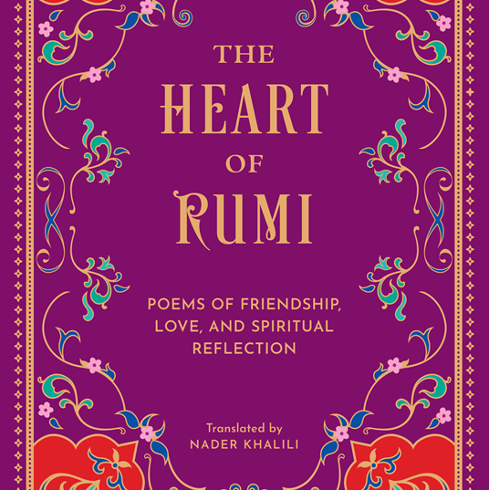 Book cover of 'The Heart of Rumi' with decorative border on purple background