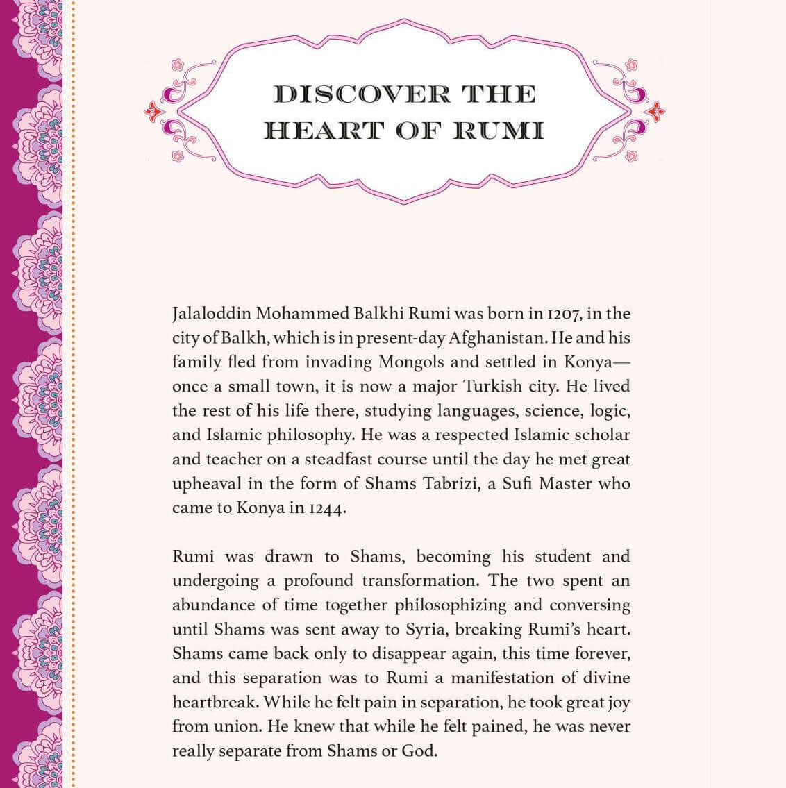Text about Jalaluddin Muhammad Balkhi Rumi on a white background with decorative purple border