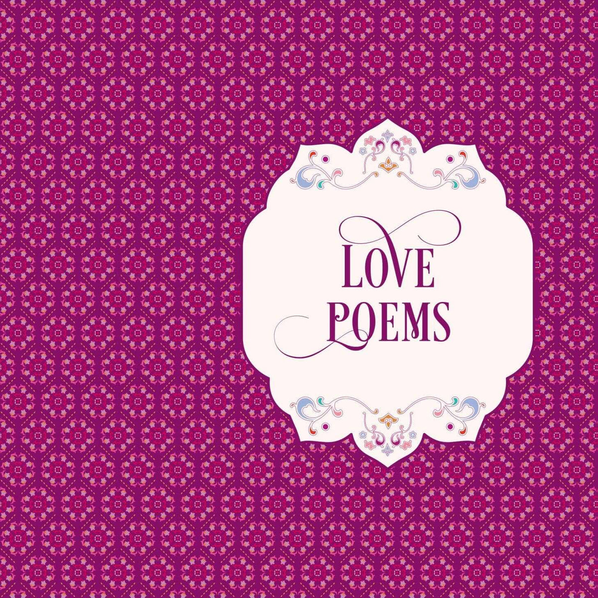 Book cover with 'Love Poems' text on a pink patterned background