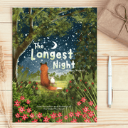 The Longest Night Paperback Book + bookmark cover featuring Fox and Vixen under a starry sky by Stacey McNeill.