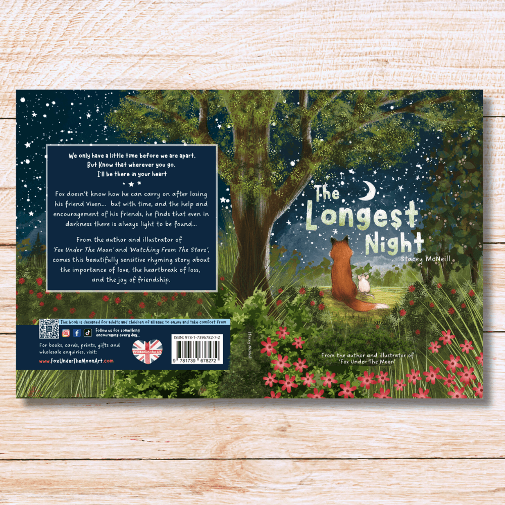 The Longest Night Paperback Book + bookmark cover illustration featuring a fox under a starry night sky.