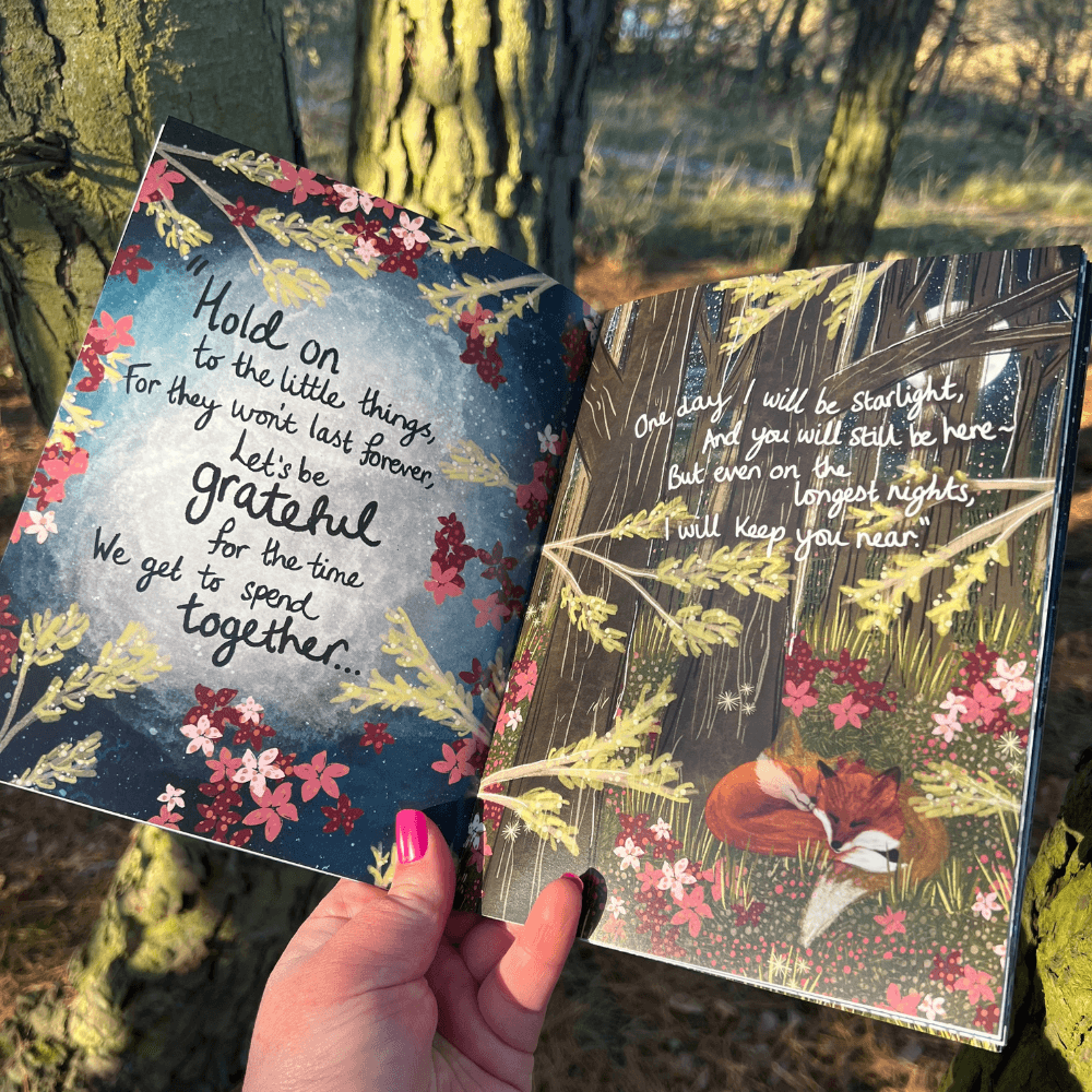 The Longest Night Paperback Book + bookmark open, showcasing pages with heartfelt messages about grief and gratitude.