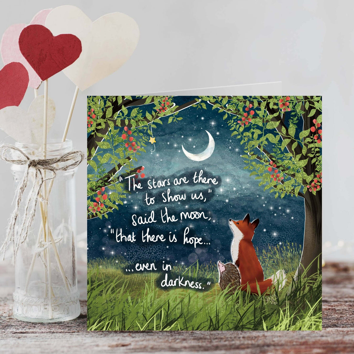 There Is Hope - Greeting Card From Fox Under The Moon with illustrated fox and inspirational quote.