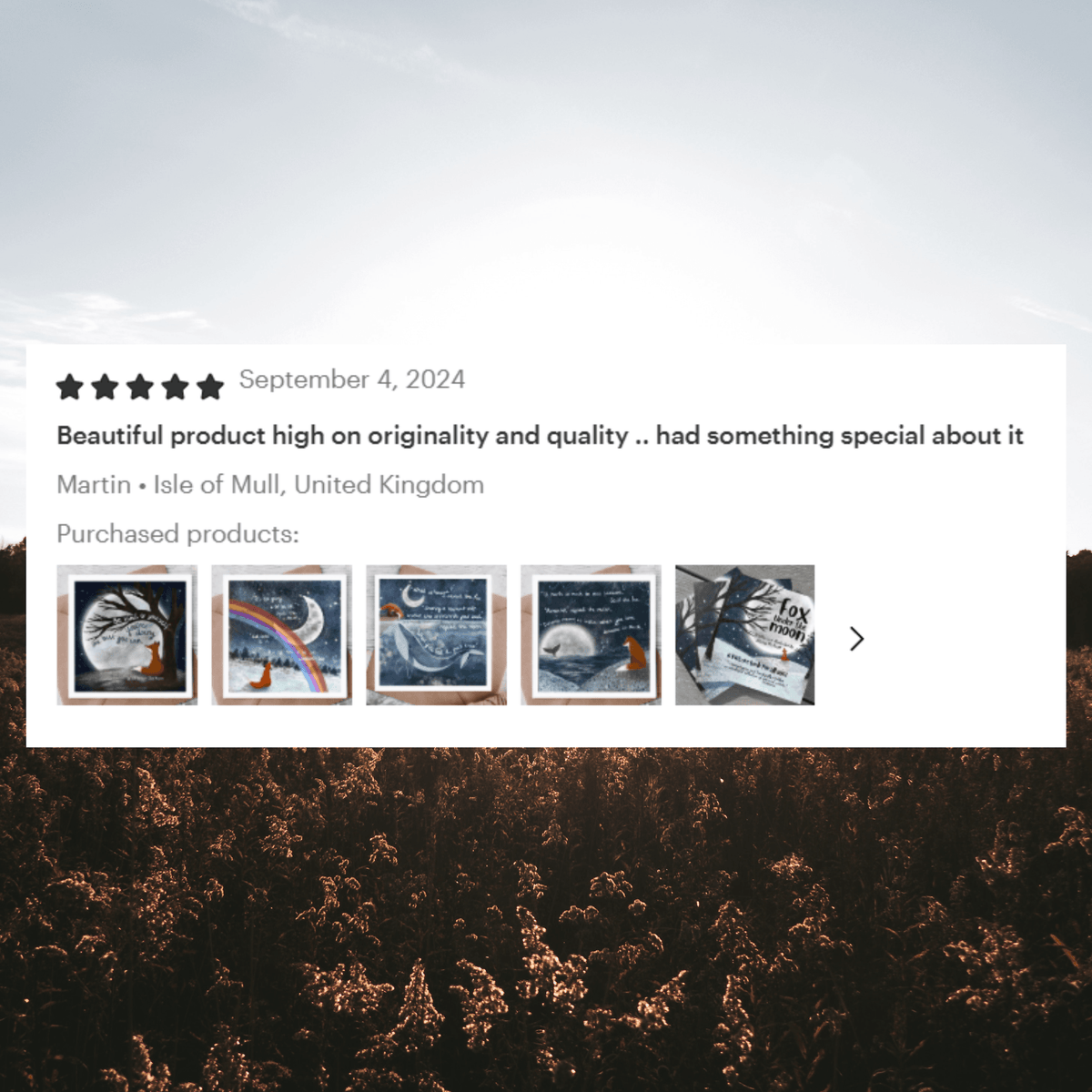 Time For Me Greeting Card by Fox Under The Moon, customer review highlighting its originality and quality.