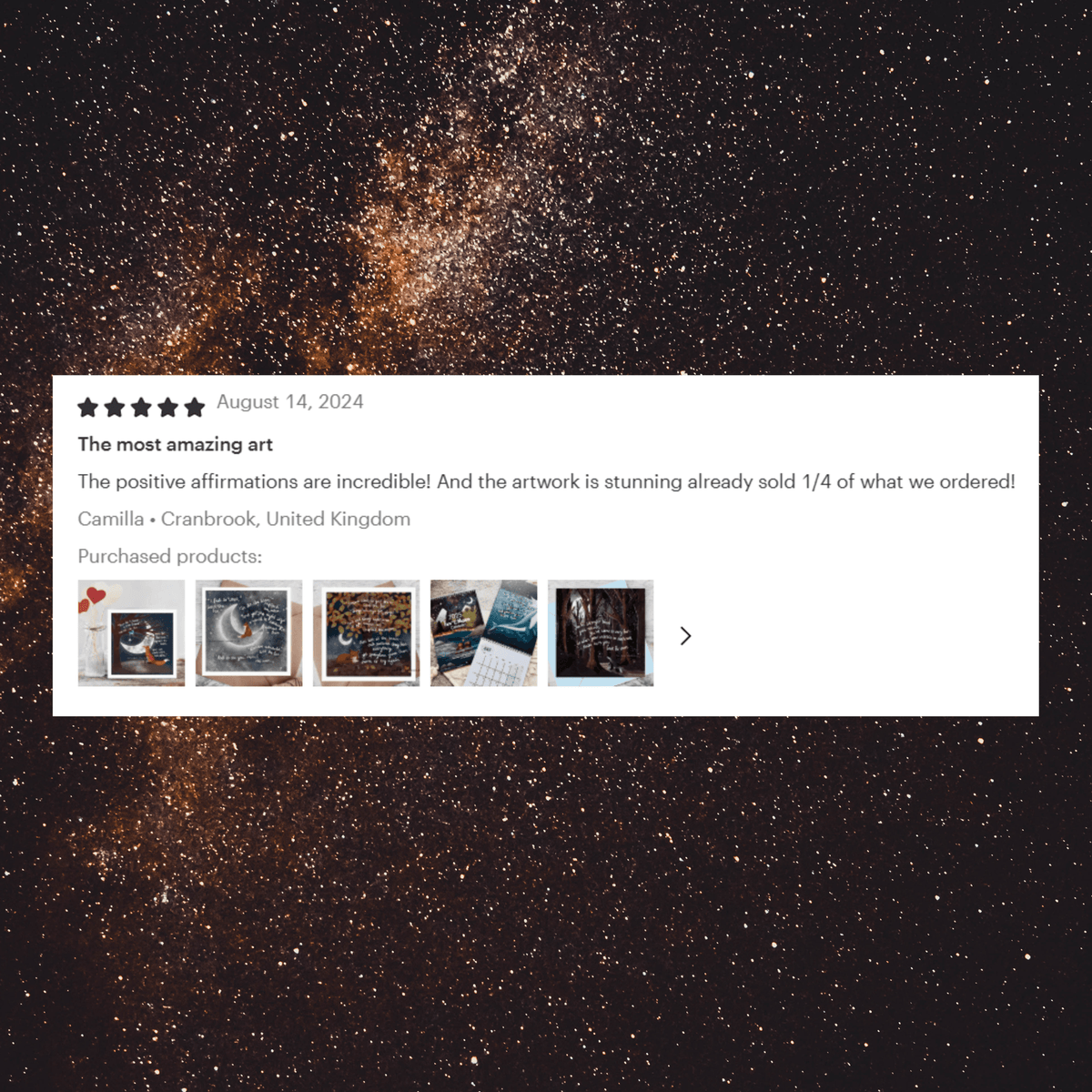 Customer review for Time For Me Greeting Card by Fox Under The Moon with starry background, featuring positive affirmations and artwork.