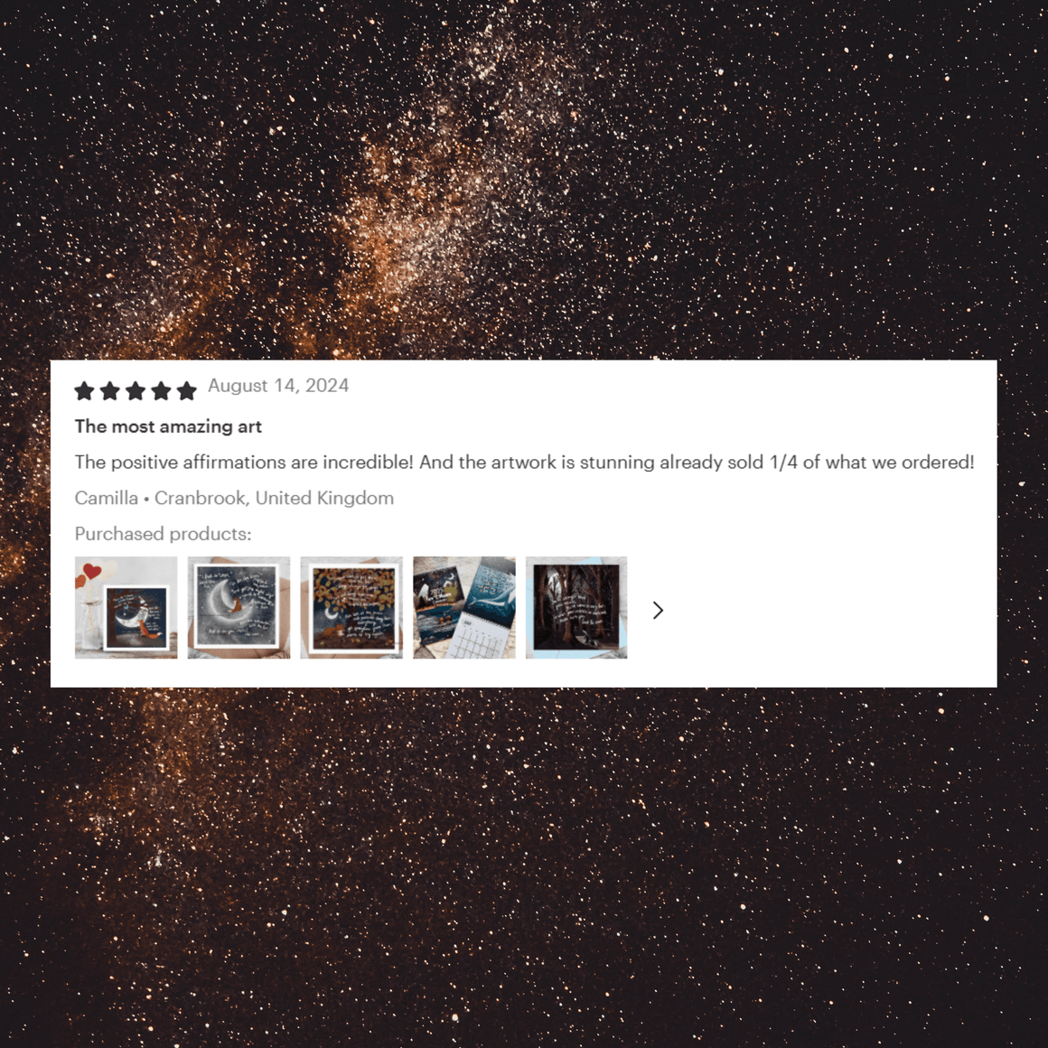 Customer review for Time For Me Greeting Card by Fox Under The Moon with starry background, featuring positive affirmations and artwork.