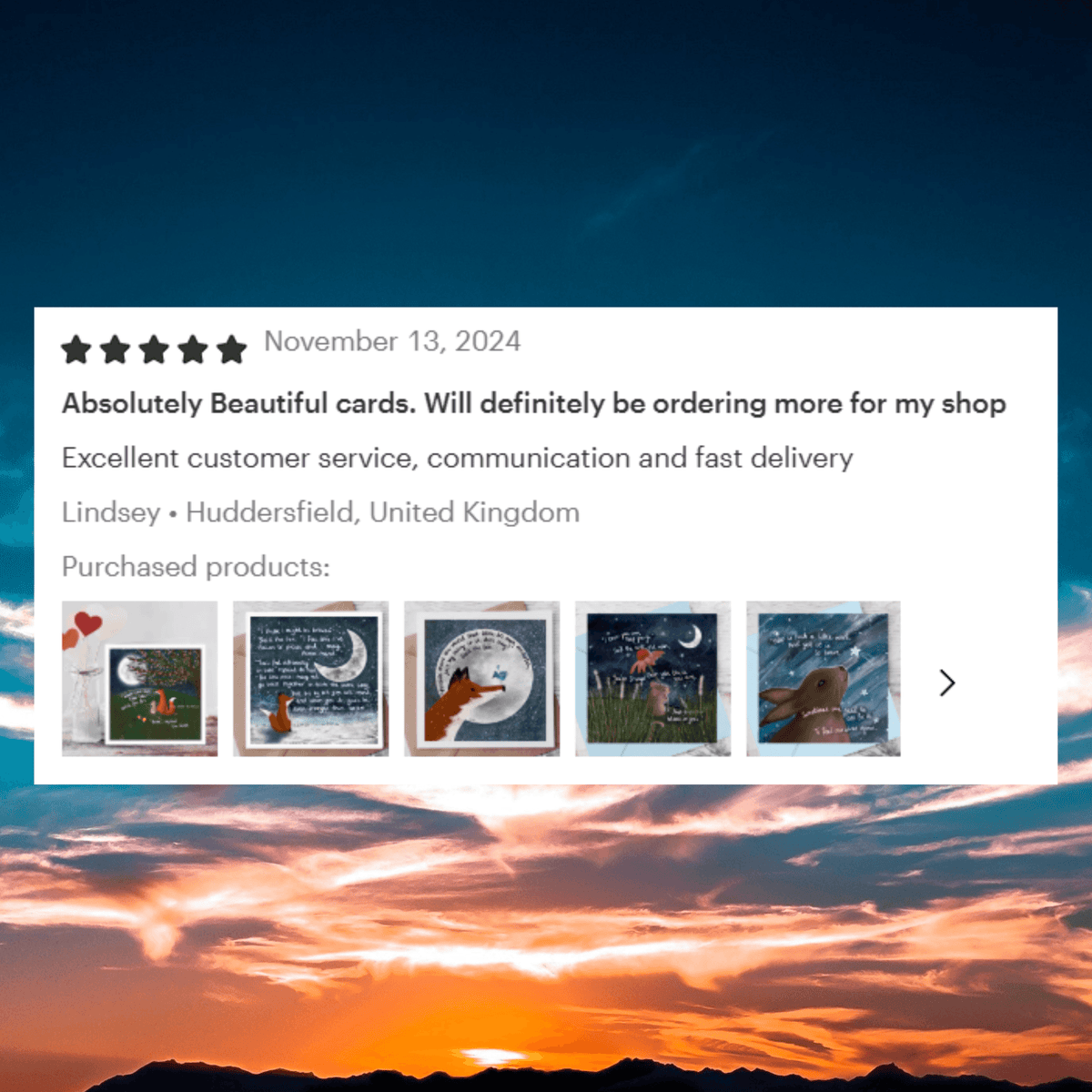 Customer review of Time For Me Greeting Card by Fox Under The Moon, showcasing beautiful artwork and quality service.