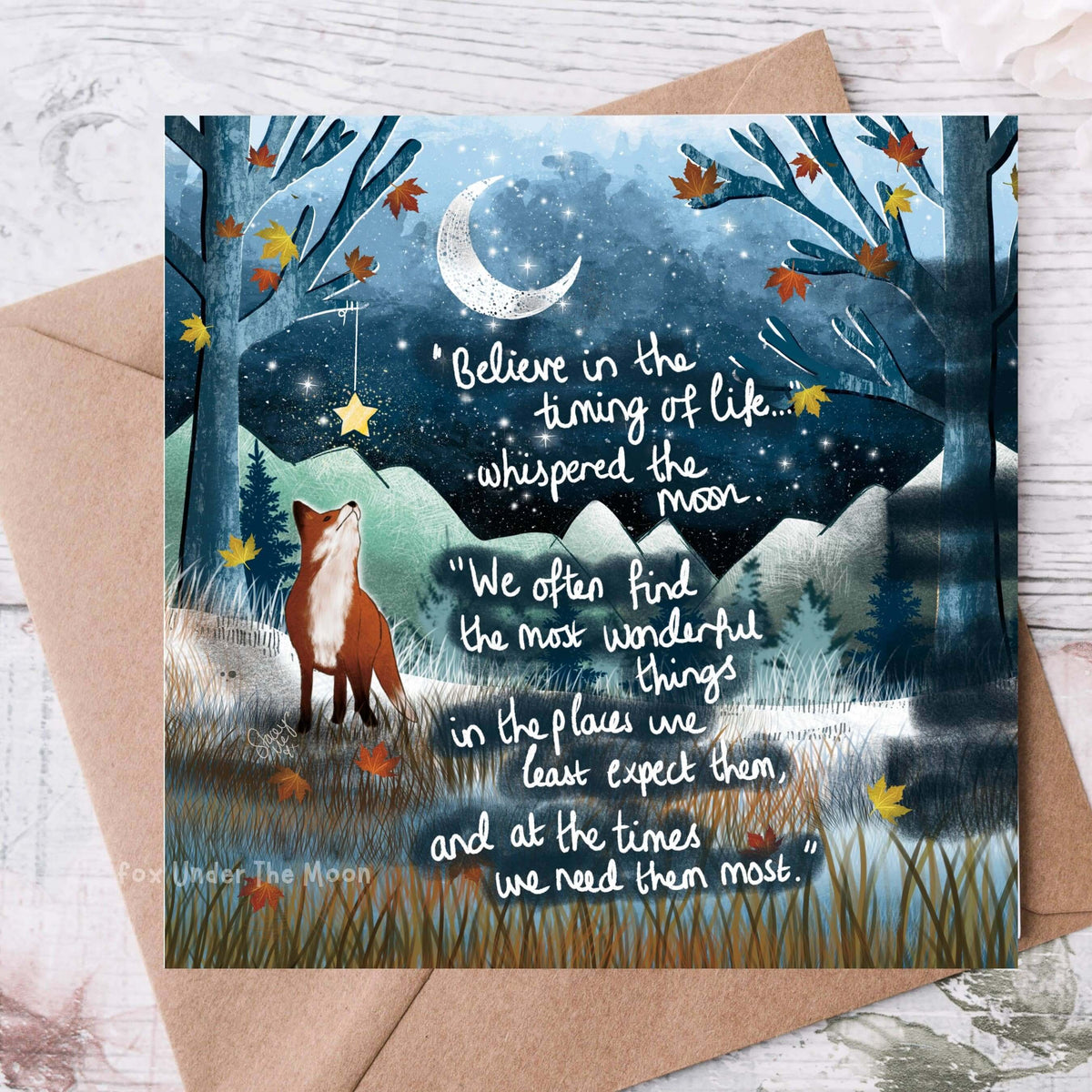 Timing Self Reflection Card From Fox Under The Moon featuring a fox and a moonlit forest with an inspirational quote.