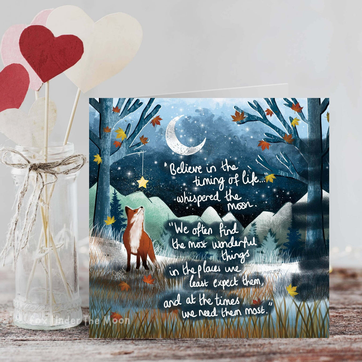 "Timing" - Greeting Card From Fox Under The Moon featuring a serene night scene with a fox and inspirational quotes.