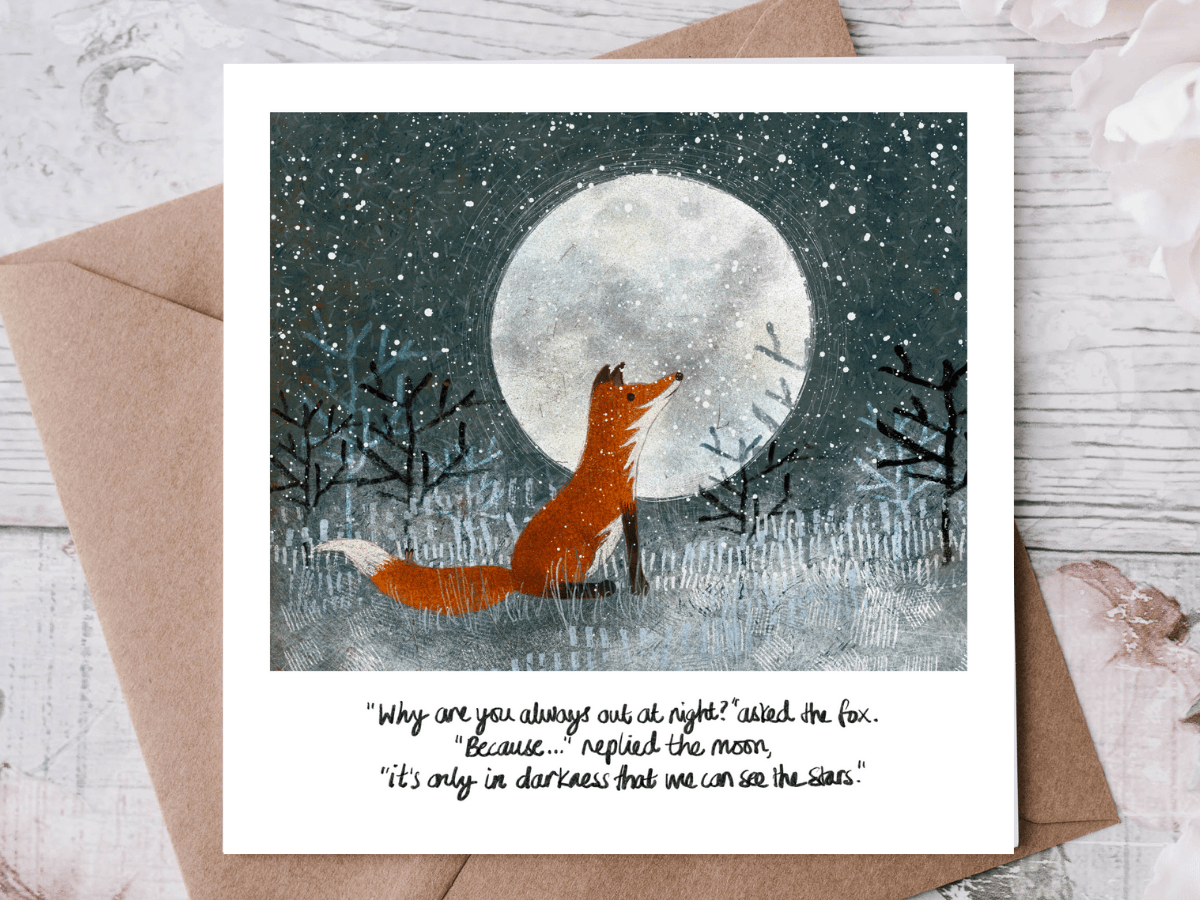 To See The Stars Greeting Card with artwork of a fox against a moonlit background, featuring an inspiring quote.