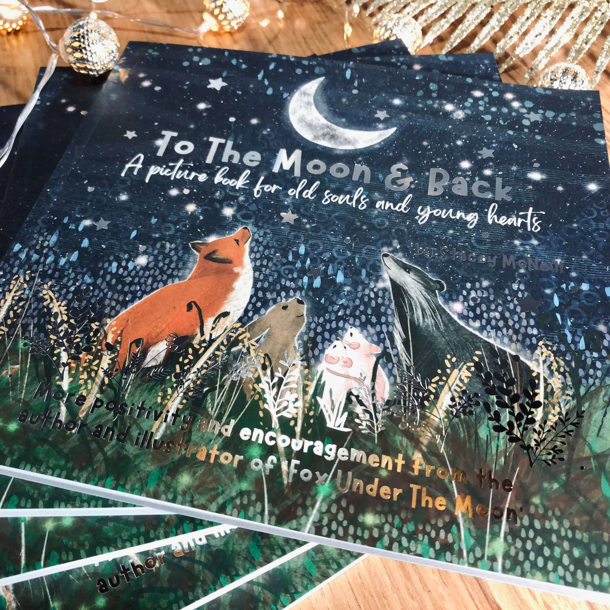 To The Moon & Back - Fox Under The Moon - 2 book cover featuring fox, bear, pig and night sky illustrations.