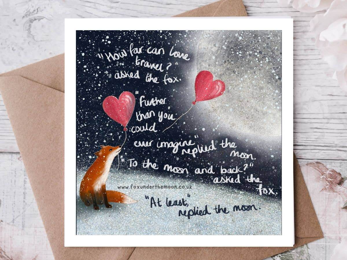 To The Moon & Back Love Card by Fox Under The Moon featuring a fox and hearts in a moonlit sky.