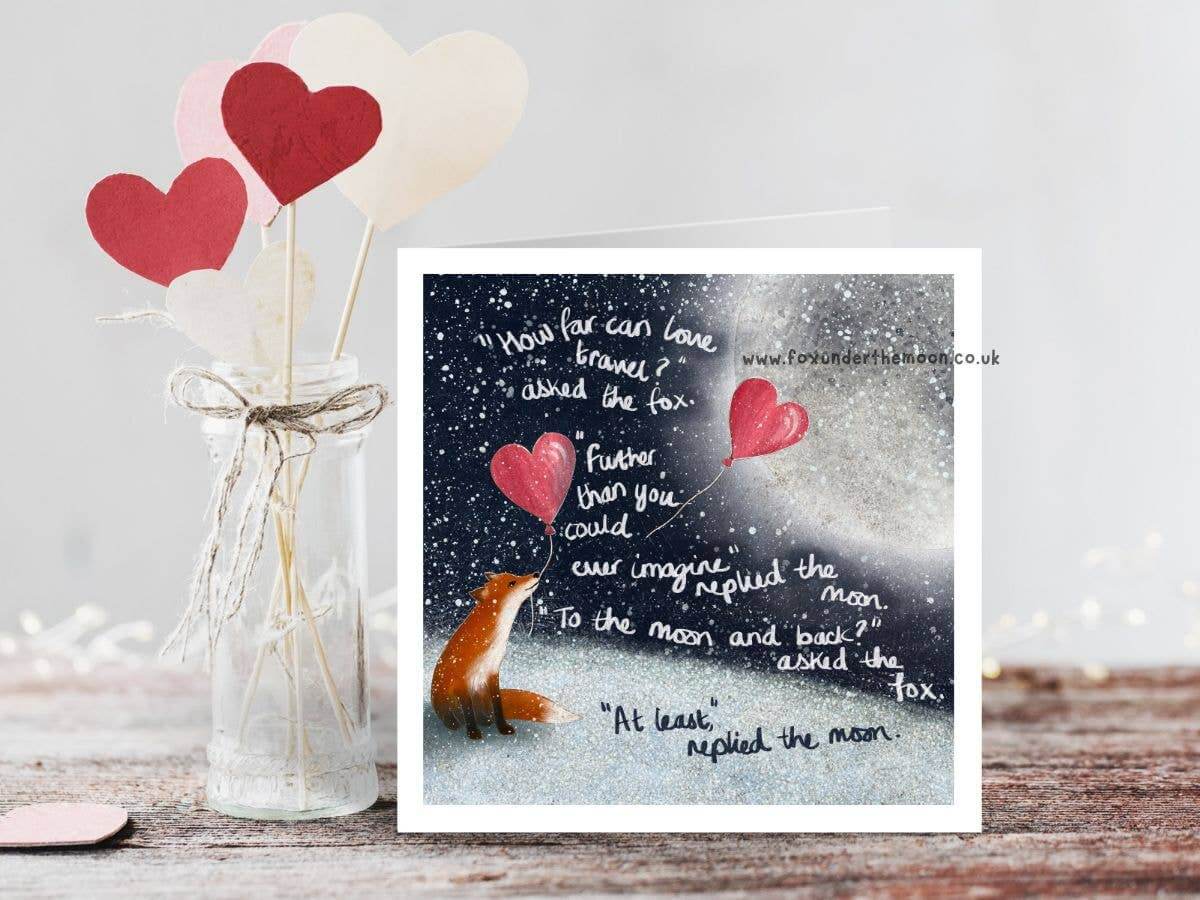 To The Moon & Back Love Card by Fox Under The Moon with moonlit hearts illustration and heartfelt quote.
