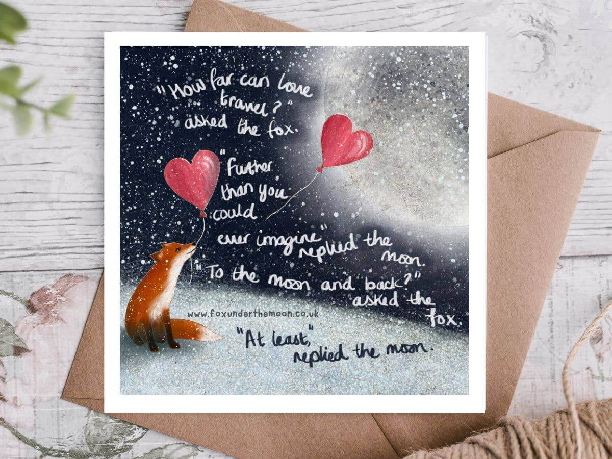 To The Moon & Back Love Card featuring a fox and heart balloons under a moonlit sky with heartfelt text.