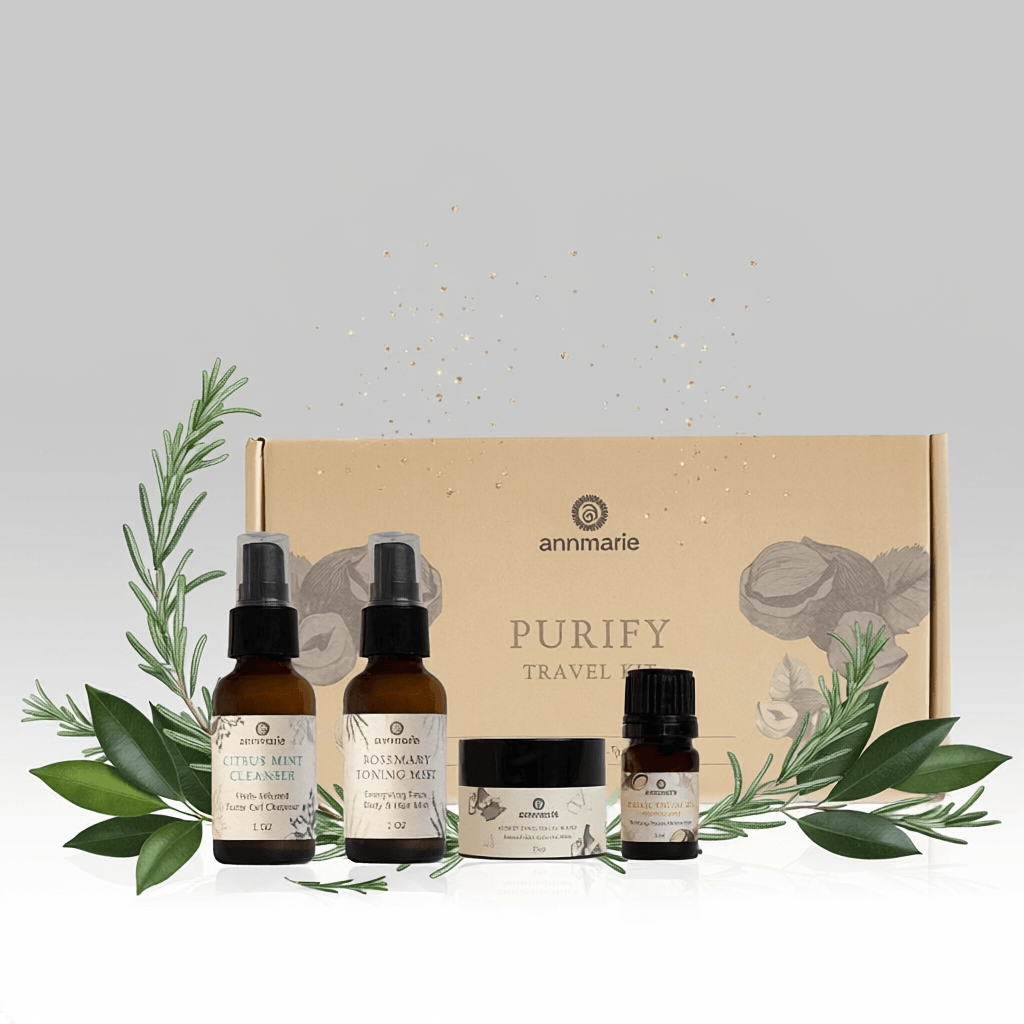 Set of skincare products with 'annmarie' branding on a light gray background