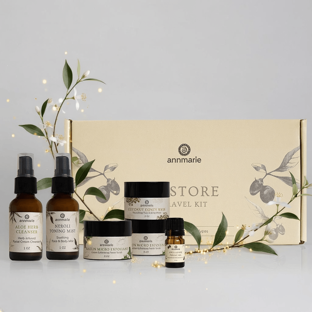 Skincare product set with 'annmarie' branding on a light gray background