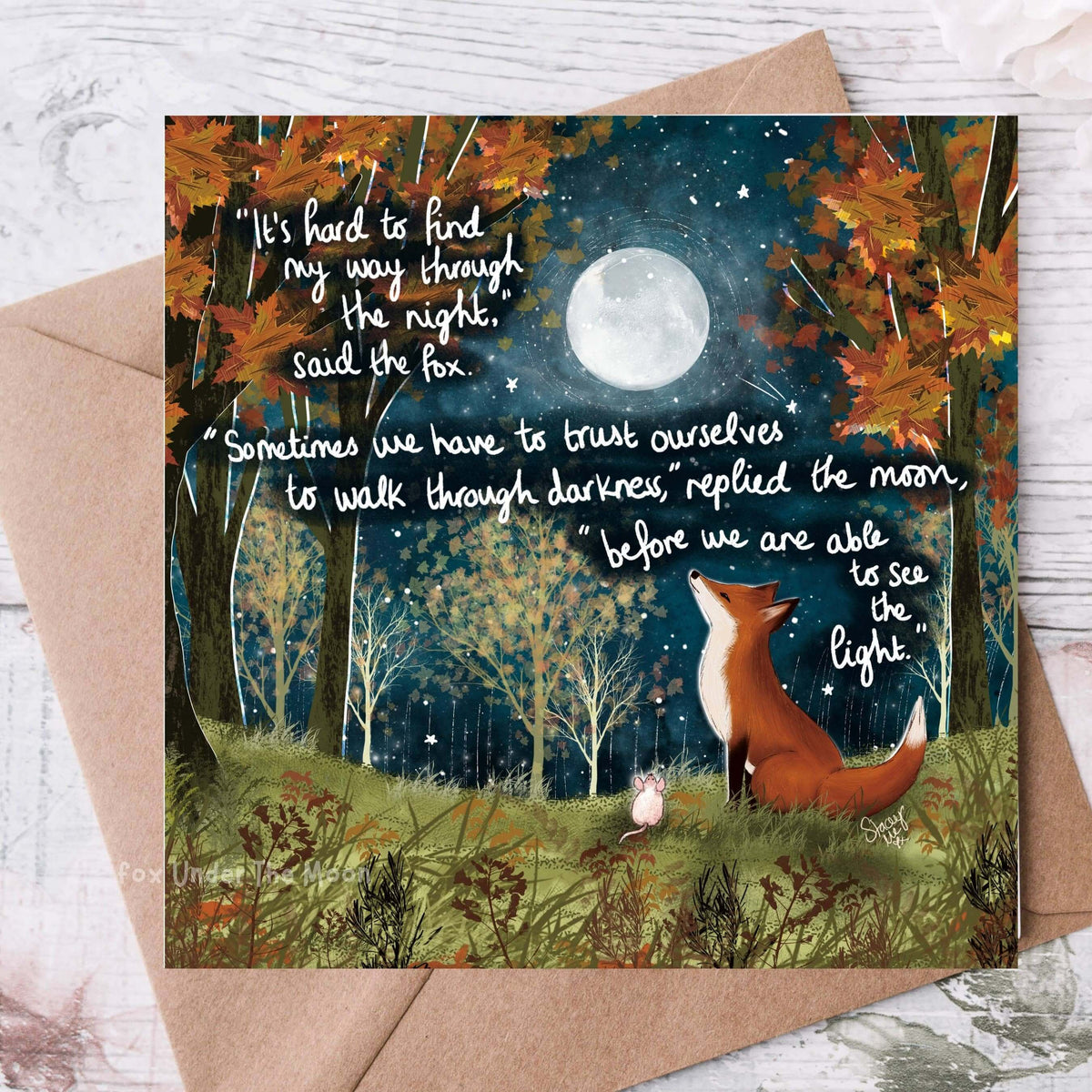 Trust Yourself Greeting Card featuring a fox and moonlit forest, encouraging self-belief and confidence.