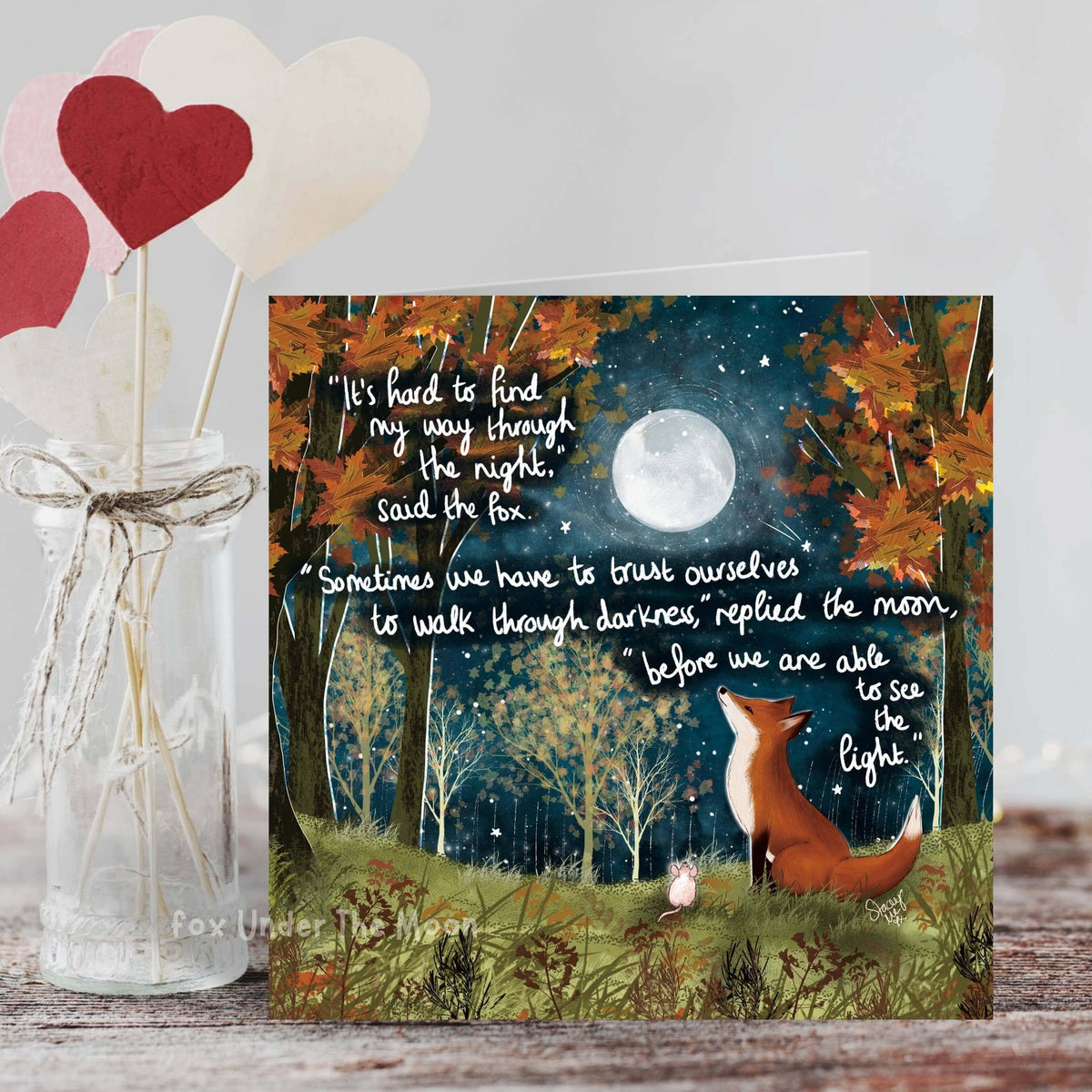 Trust Yourself Greeting Card featuring a fox in a moonlit forest with inspiring text by Fox Under The Moon.
