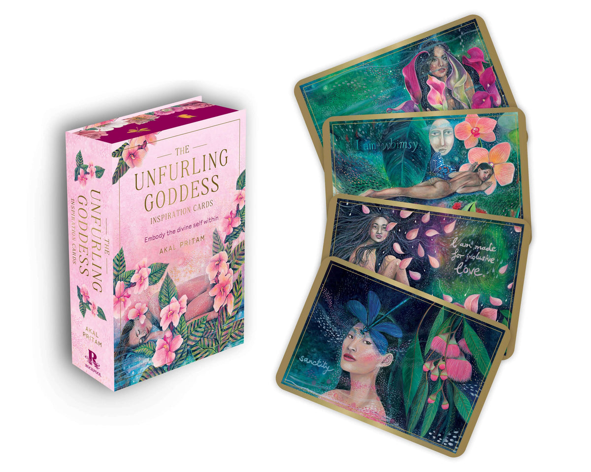 Card deck and box titled 'The Unfurling Goddess' with floral and nature-themed designs.