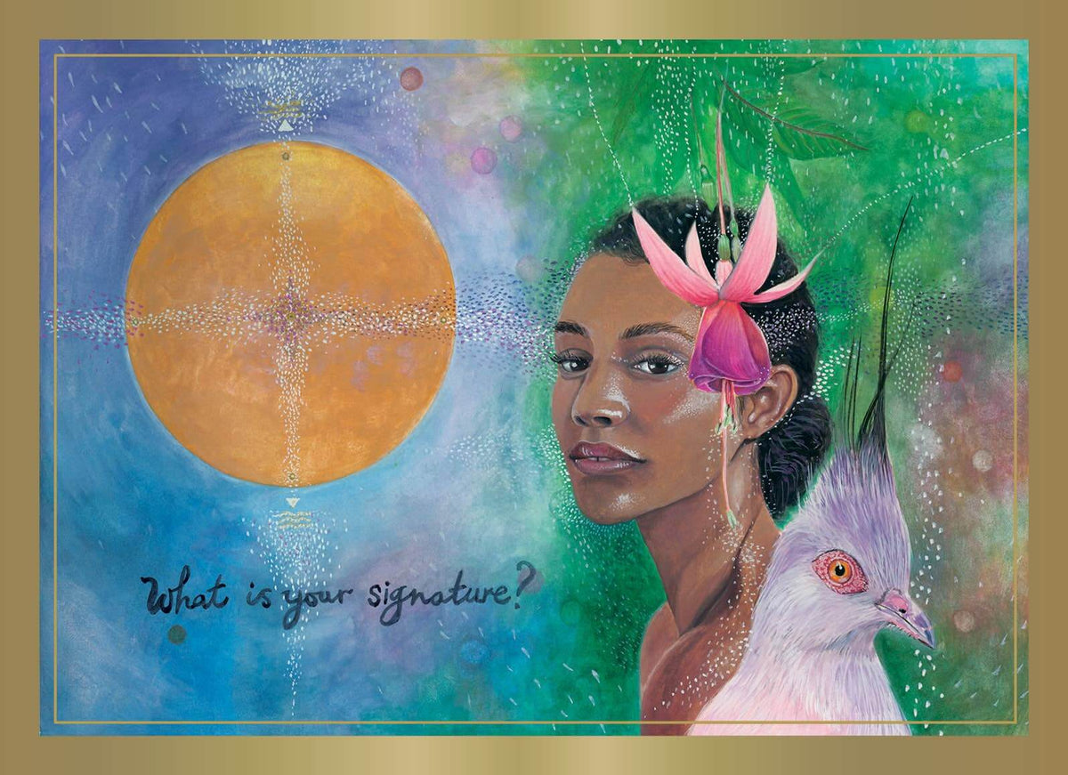 Artistic depiction of a woman with a flower on her head and a bird, with a question 'What is your signature?'