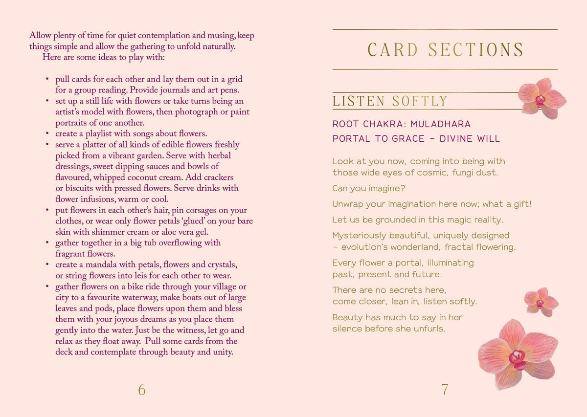 Card with text and floral illustrations on a beige background
