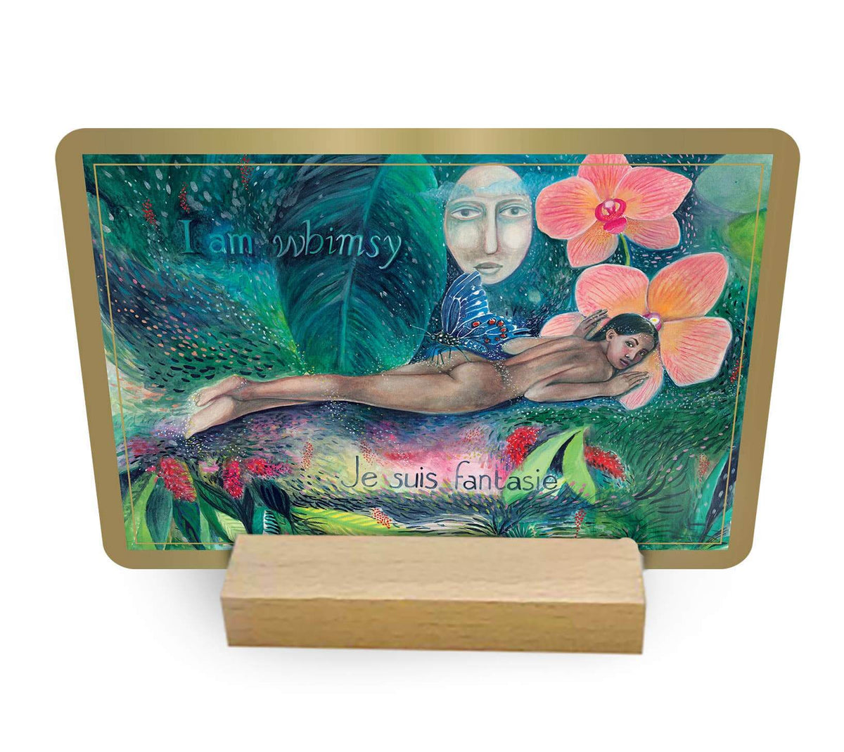Decorative plaque with a fantasy design featuring a woman, butterfly, and flowers on a stand.