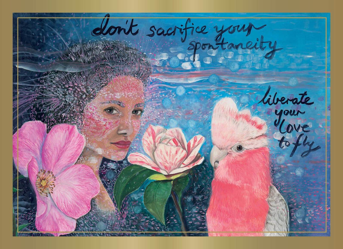 Artistic depiction of a woman, flowers, and a bird with motivational text on a blue background.
