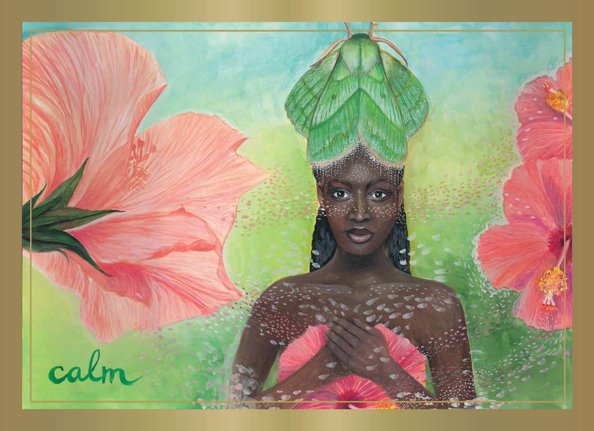 Artistic depiction of a person with flowers and 'calm' text in a decorative frame