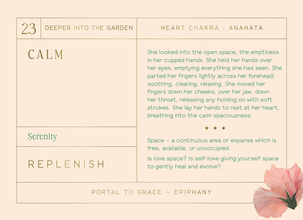 Textual content about 'Deeper into the Garden' with a heart chakra description and a pink flower on a beige background.
