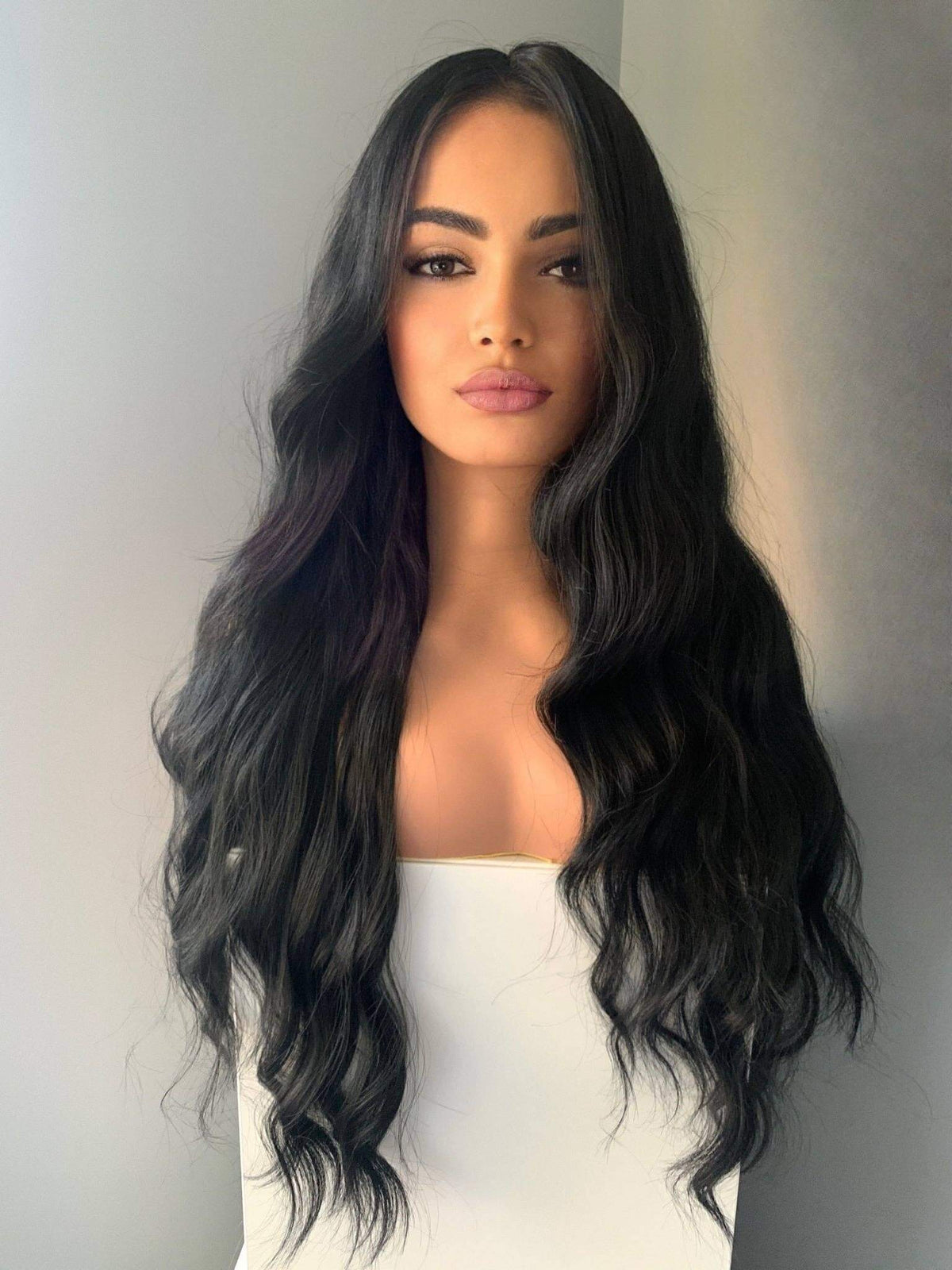 Valentina Long Black Soft Waves Wig styled on a mannequin with cascading soft waves and a natural centre part.