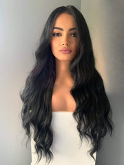 Valentina Long Black Soft Waves Wig styled on a mannequin with cascading soft waves and a natural centre part.
