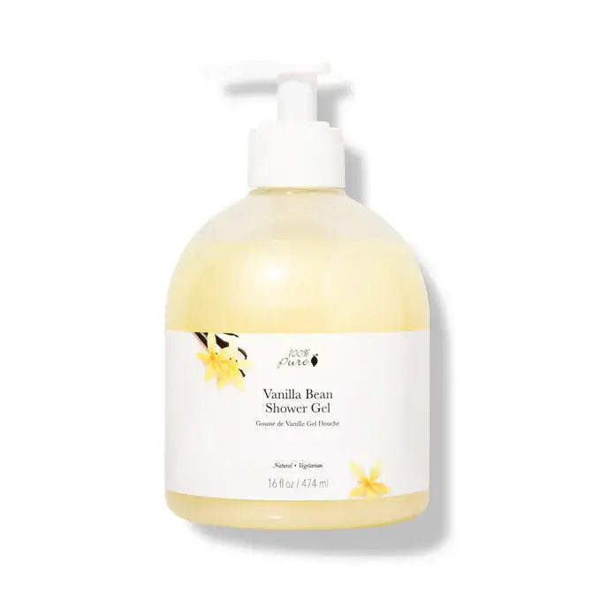 Vanilla Bean Shower Gel 237ml bottle with pump, 100% Pure for a luxurious shower experience.