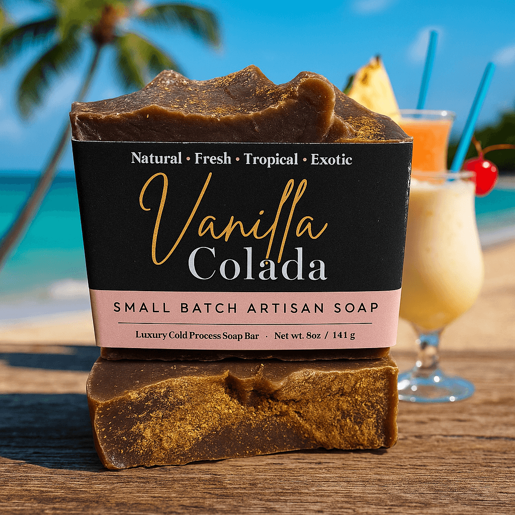 Vanilla Colada Soap Bar - Soap Boutique, 8 oz artisan soap by the beach with tropical backdrop.
