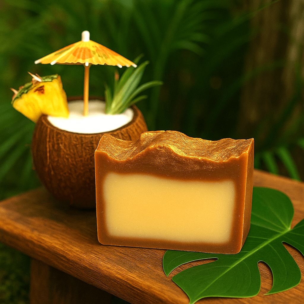 Vanilla Colada Soap Bar - Soap Boutique with tropical coconut and pineapple decor, set on a wooden surface.