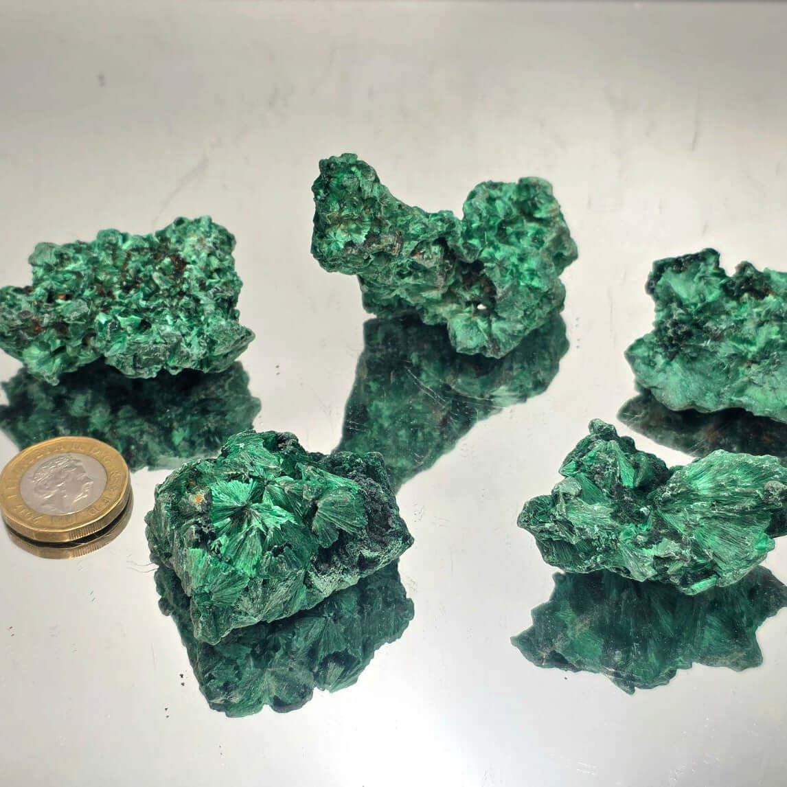 Velvet Malachite Crystals Natural 200g displayed on a reflective surface beside a coin.
