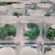Various pieces of Velvet Malachite Raw In Magnifying Box showcased in clear display cases.