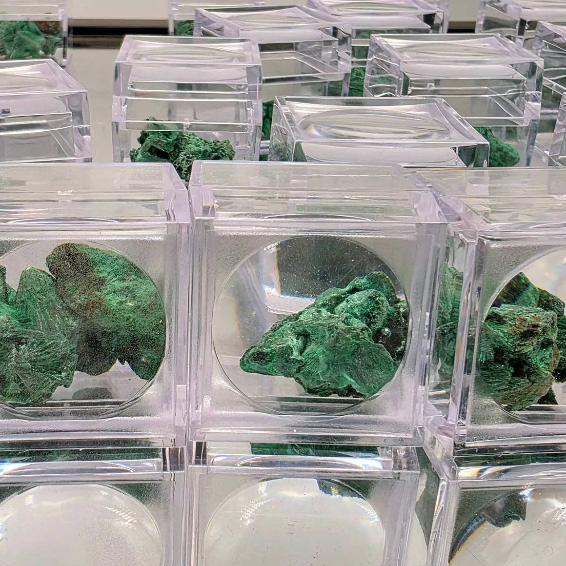 Various pieces of Velvet Malachite Raw In Magnifying Box showcased in clear display cases.