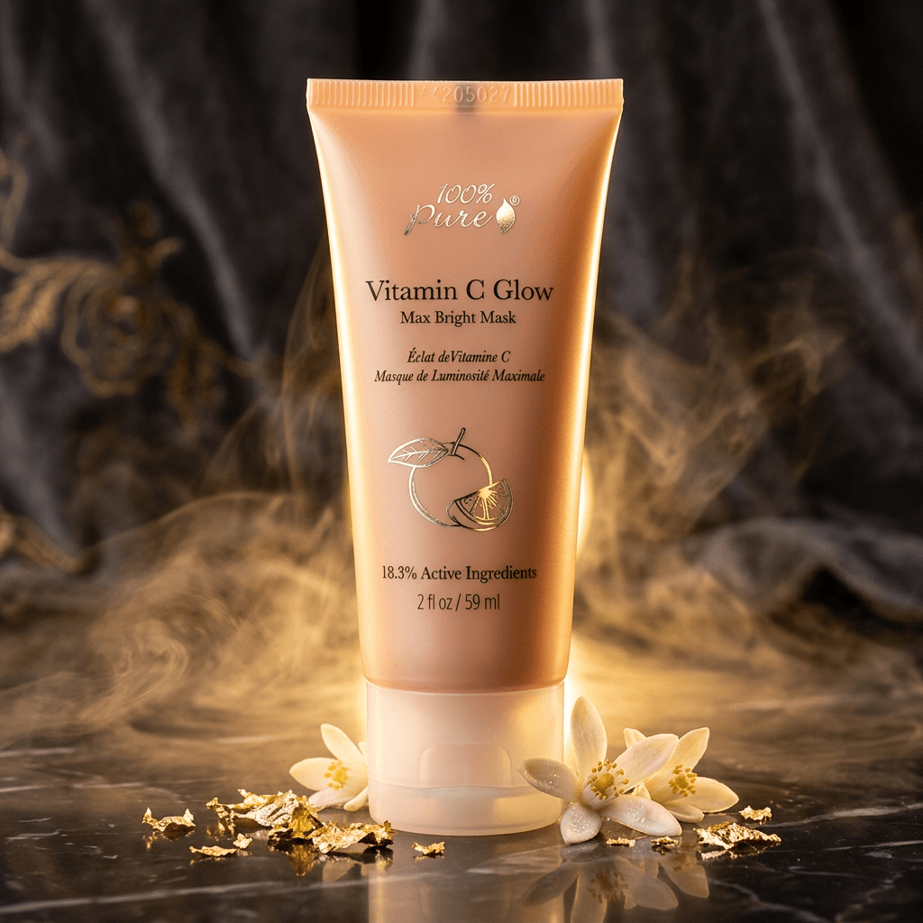 Vitamin C Glow mask tube with flowers on a dark background