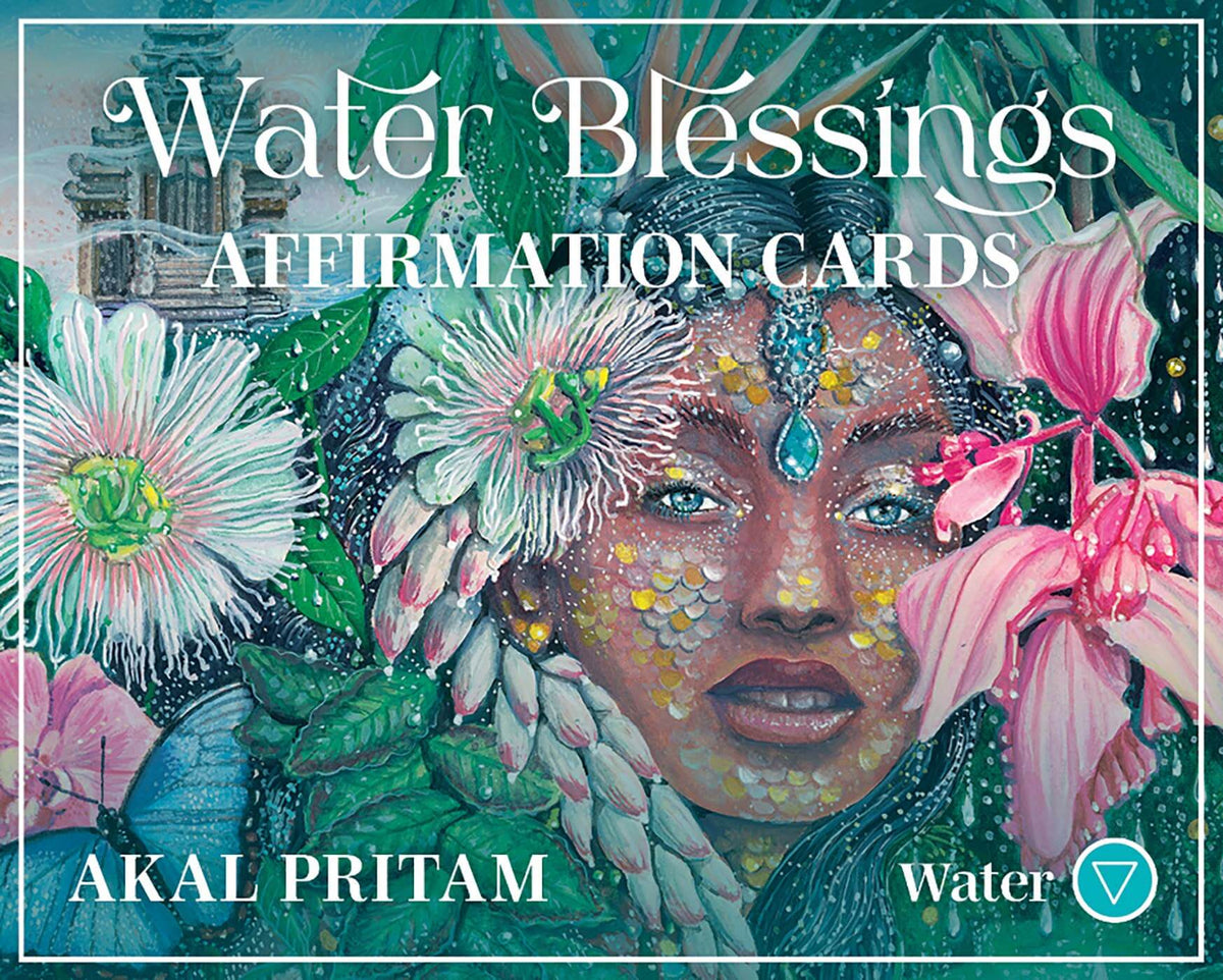 Book cover of 'Water Blessings Affirmation Cards' by Akal Pritam with a colorful illustration of a woman and flowers.