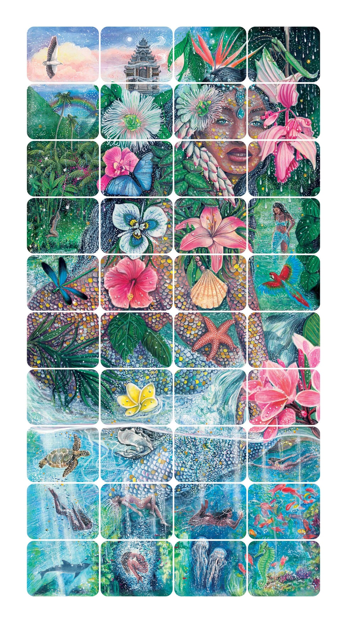 Collection of colorful illustrations featuring nature scenes, flowers, and animals arranged in a grid.