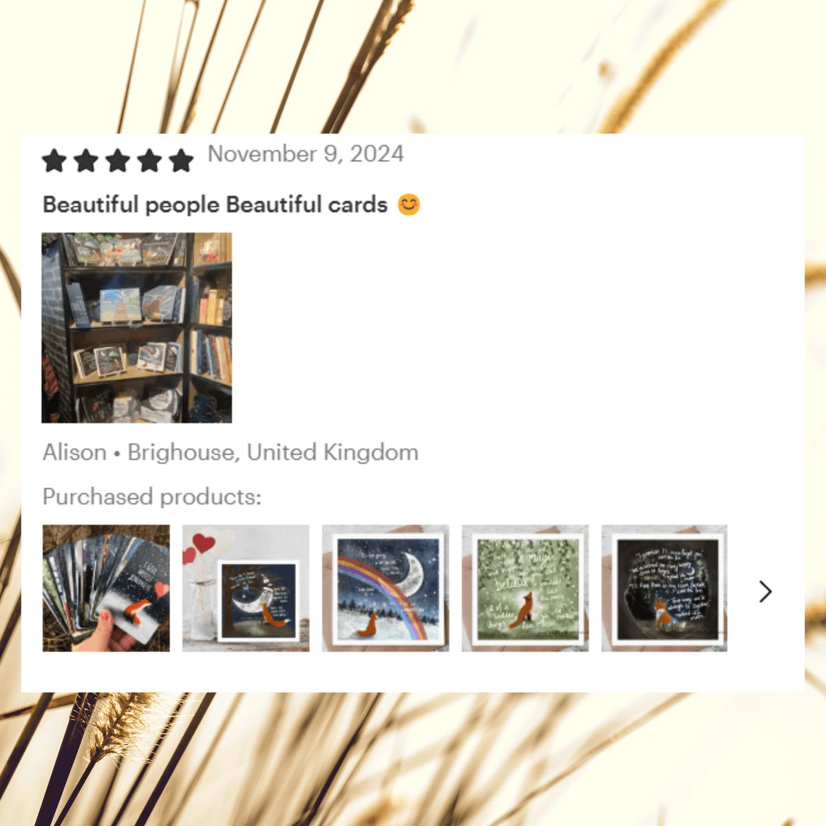 Customer review of "Waves" Soothing & Encouragement Card by Fox Under The Moon, showcasing beautiful cards and sentiments.