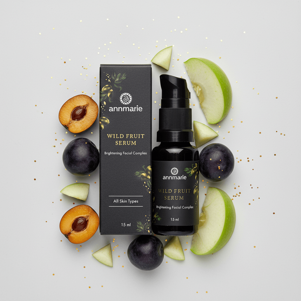 annmarie Wild Fruit Serum with packaging surrounded by fruits on a light gray background