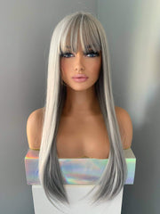Winny Long Straight Grey Silver Wig with Bangs showcasing a sleek, polished look and featuring the focus keyword Silver Wig.