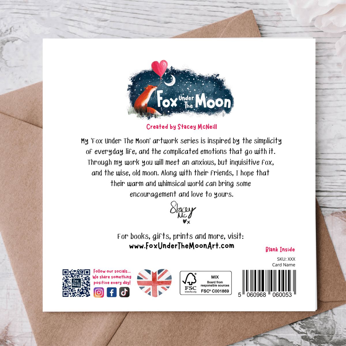 Back of the "Wishes" Celebration Card by Fox Under The Moon, featuring artwork and details by Stacey McNeill.