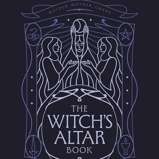 Cover of 'The Witch's Altar Book' with stylized illustration of three women and text on a dark background