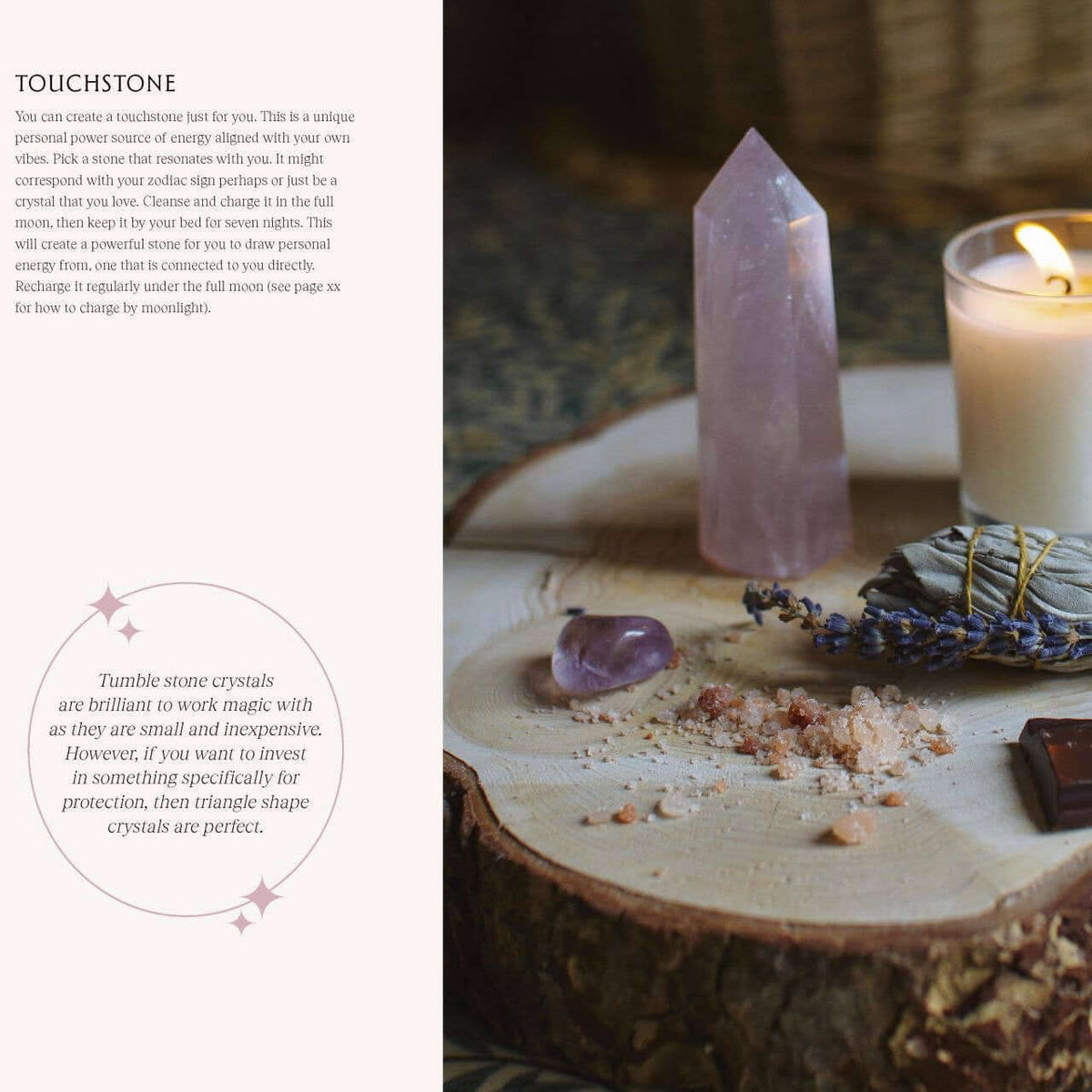 Crystal and candle setup on a wooden surface with text on crystal use.