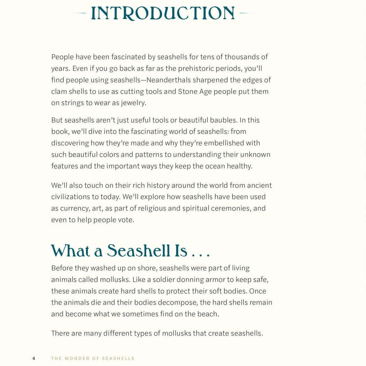Book page with text and illustrations about seashells, including bivalves and cephalopods.