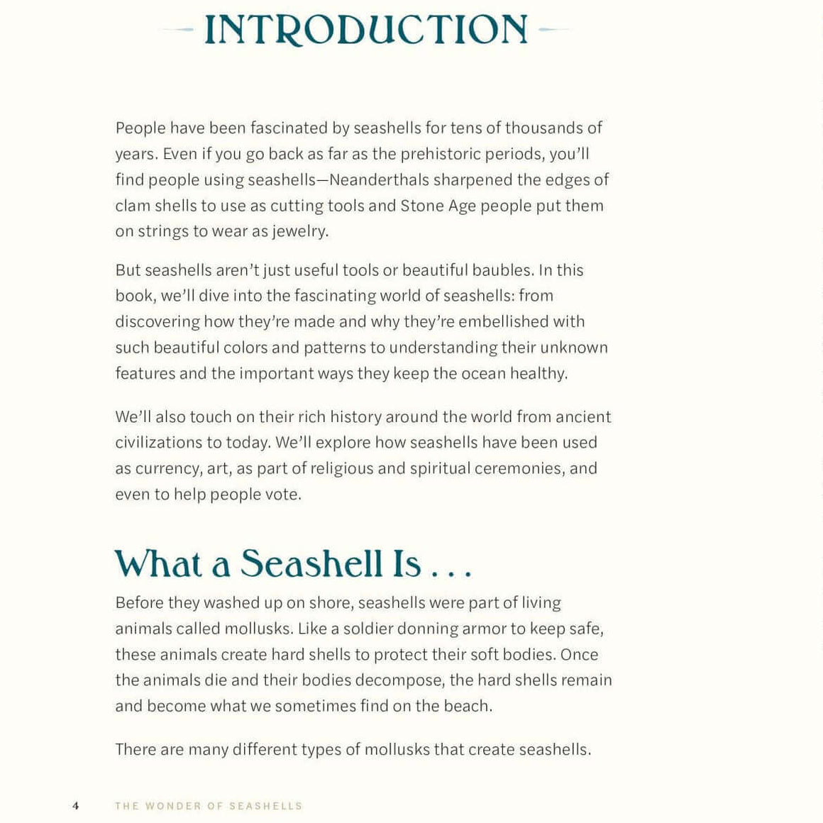 Book page with text and illustrations about seashells, including bivalves and cephalopods.
